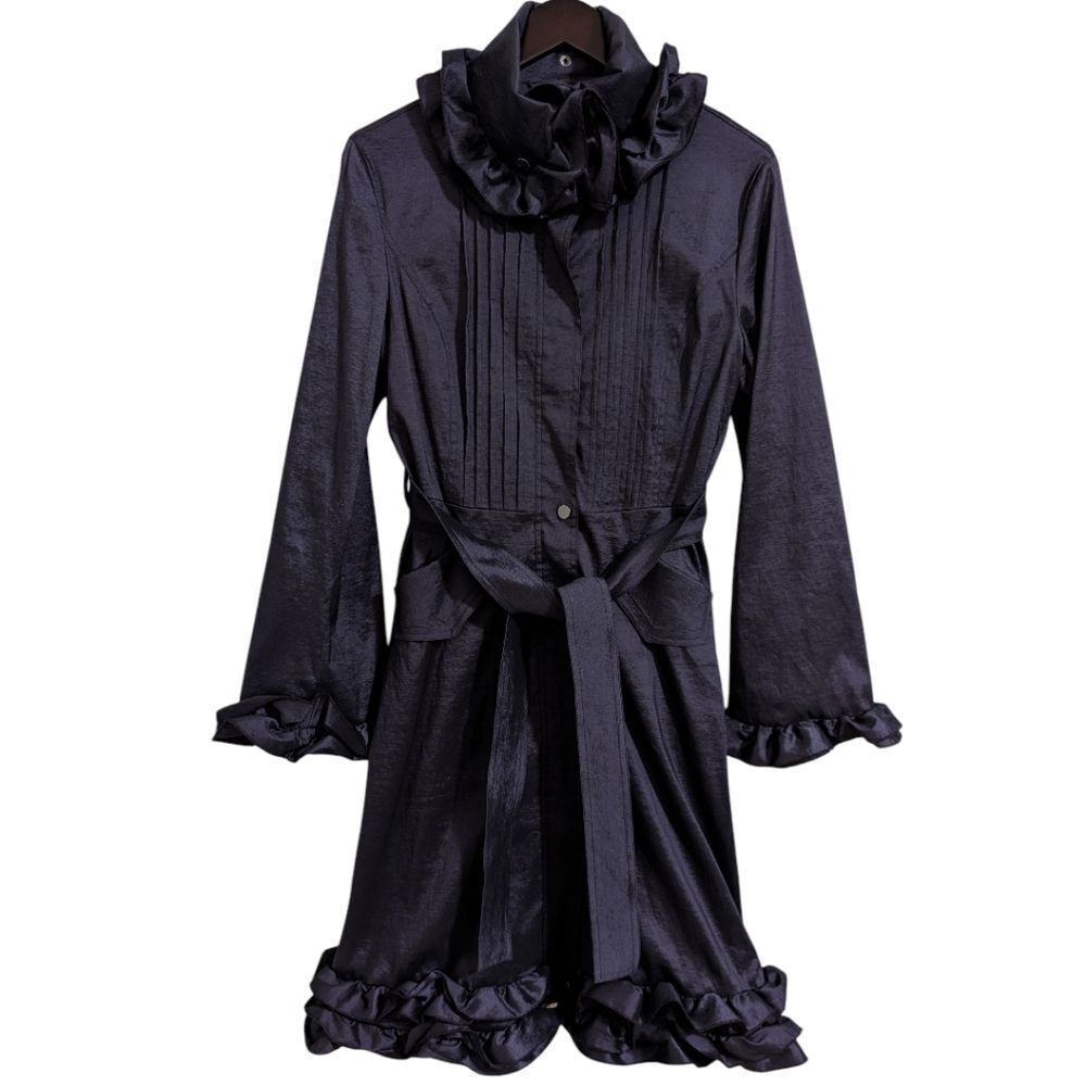 Belle Fare Purple Ruffled Trench Coat Belted with Leopard Lining Women's Medium
